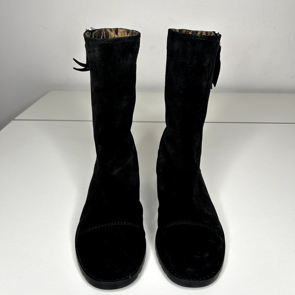 Stuart Weitzman Black Suede Mid-Calf Boots Cheetah Print Round Toe Booties 4 - Picture 3 of 16